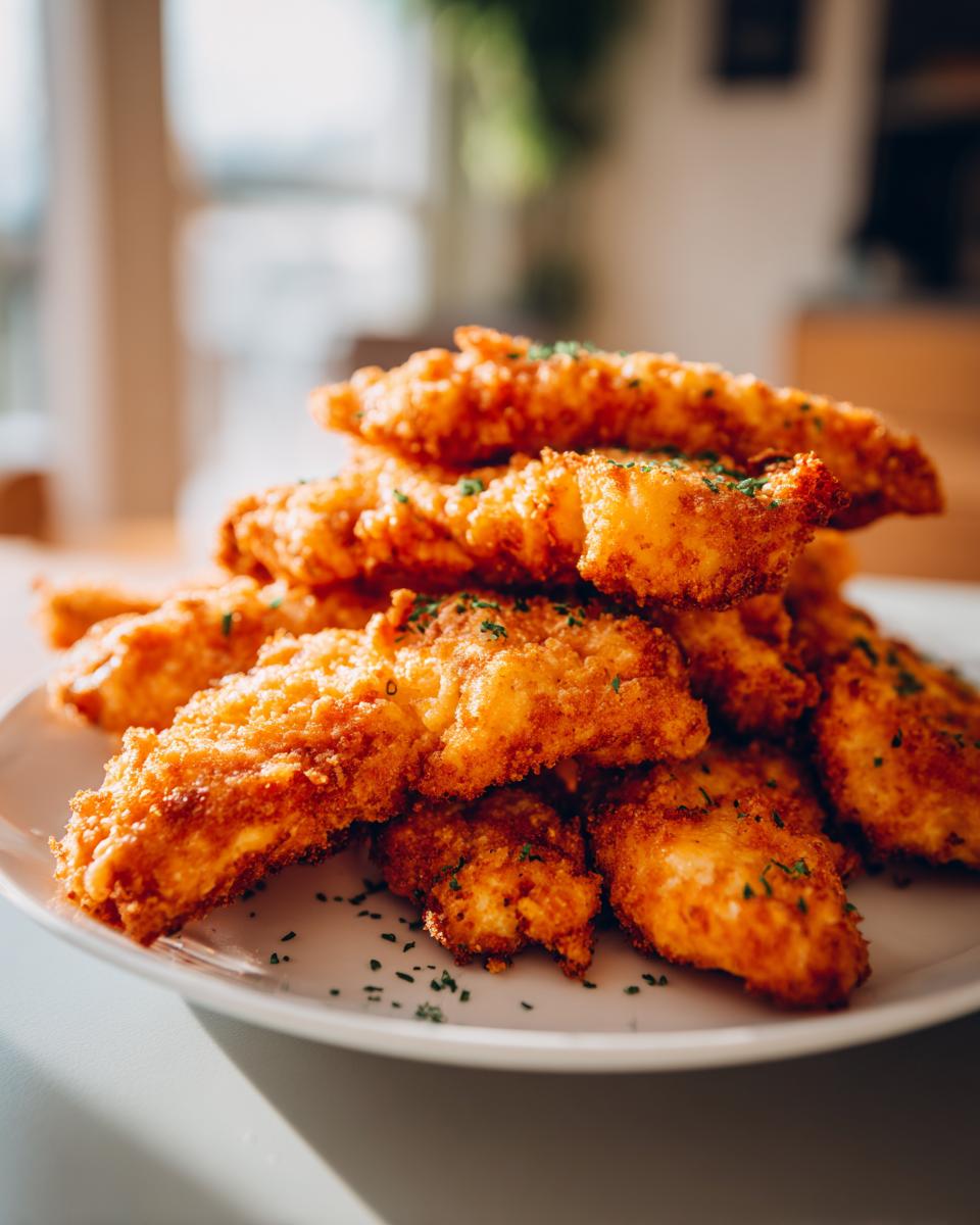 Pile of golden-brown Oven-Baked Cheddar Jalapeño Chicken Tenders on a white plate, sprinkled with herbs.
