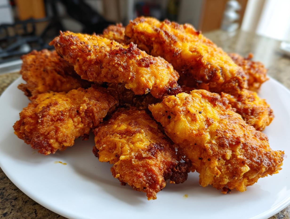 Pile of golden-brown Oven-Baked Cheddar Jalapeño Chicken Tenders on a white plate.
