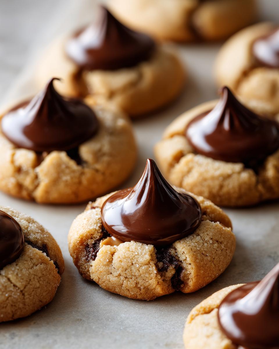 Close-up of Santa's Favorite Peanut Butter Blossoms cookies with chocolate kisses on top, on a baking sheet.