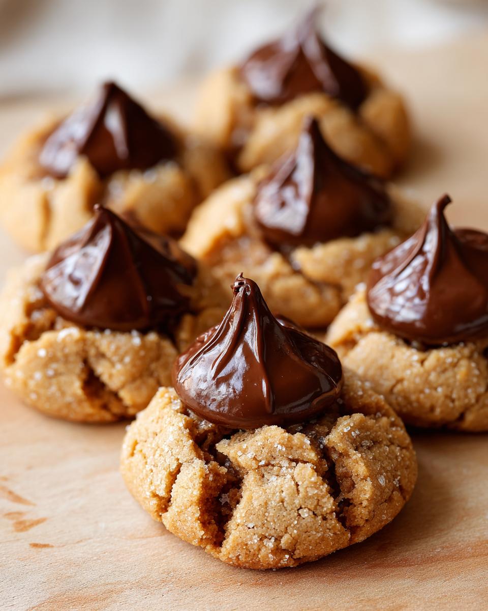 Close-up of Santa's Favorite Peanut Butter Blossoms cookies with chocolate kisses on top, on a wooden surface.