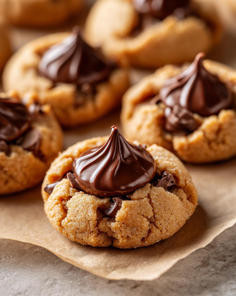 Close-up of Santa's Favorite Peanut Butter Blossoms cookies with chocolate kisses on parchment paper.
