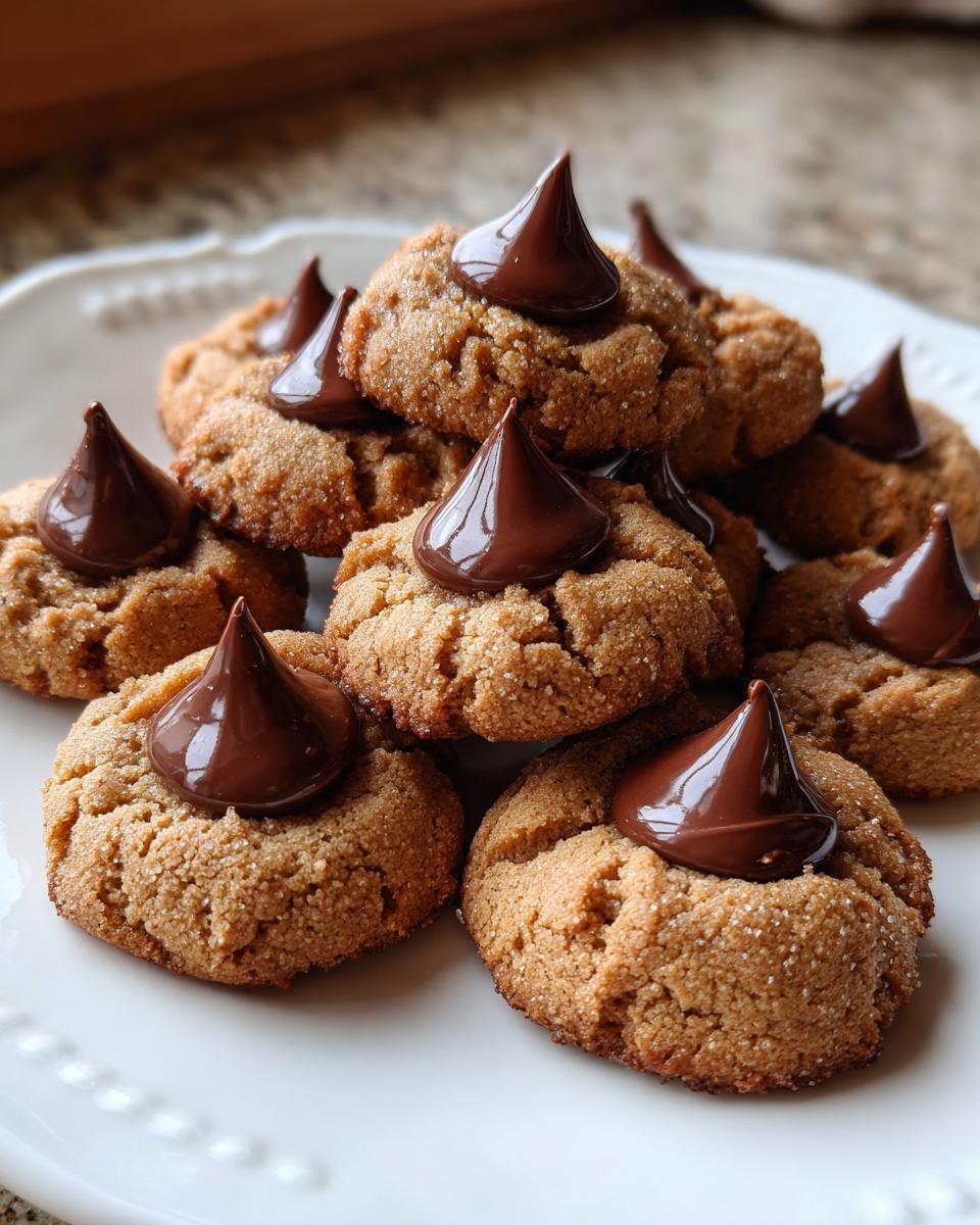 Close-up of Santa's Favorite Peanut Butter Blossoms, peanut butter cookies with chocolate kisses on a white plate.