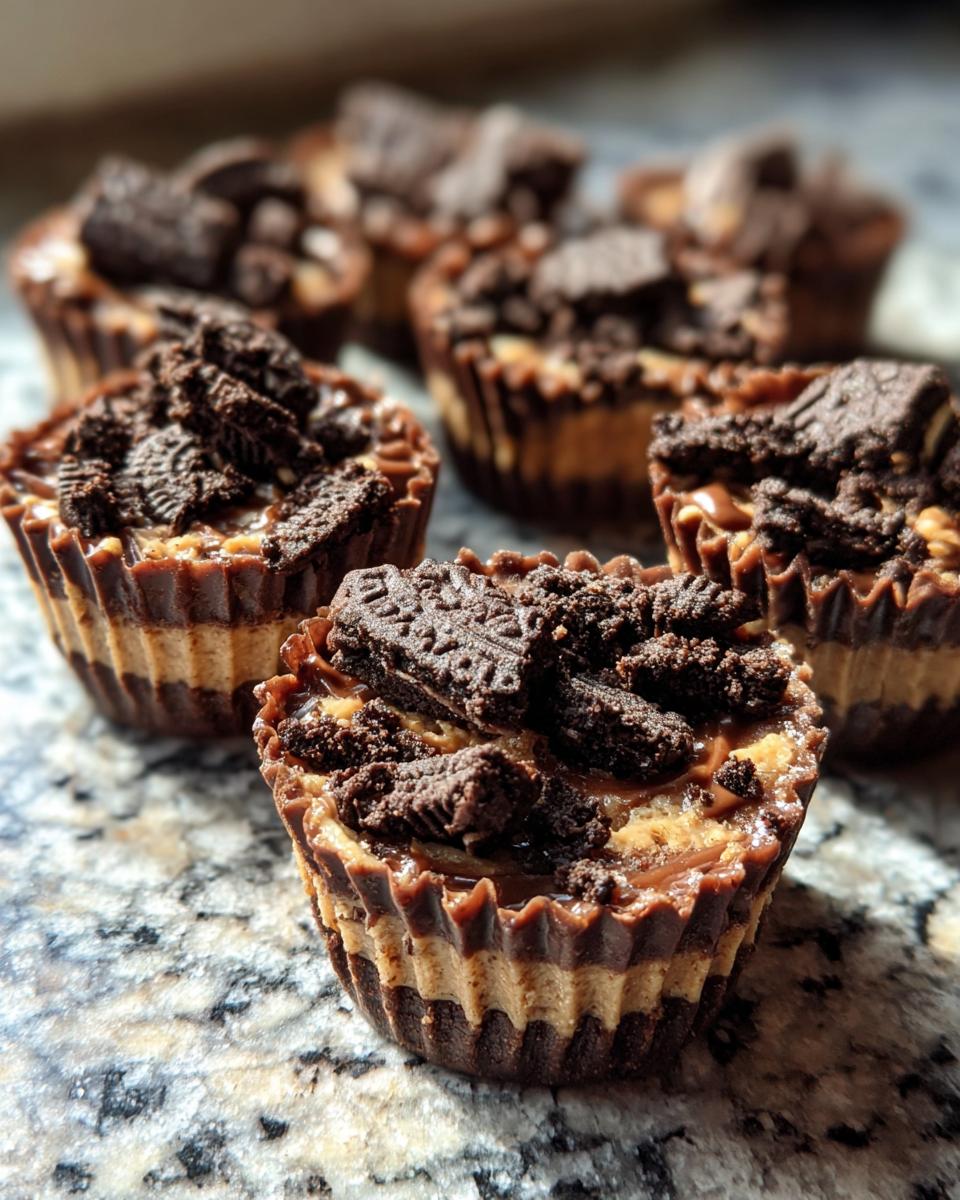 Close-up of Peanut Butter Oreo Fudge Cups, showing layers of peanut butter and Oreo cookie crumbles.