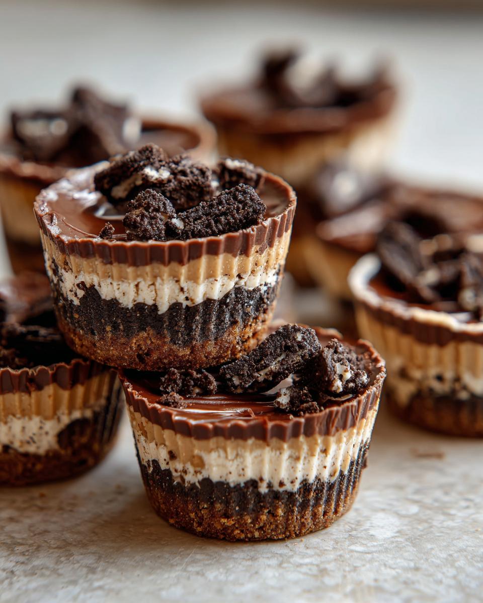 Close-up of layered Peanut Butter Oreo Fudge Cups, a quick and easy dessert.