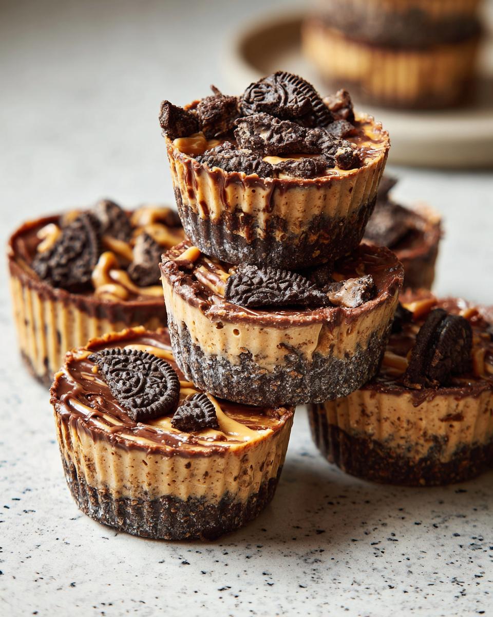 Close-up of stacked Peanut Butter Oreo Fudge Cups, a delicious no-bake treat.
