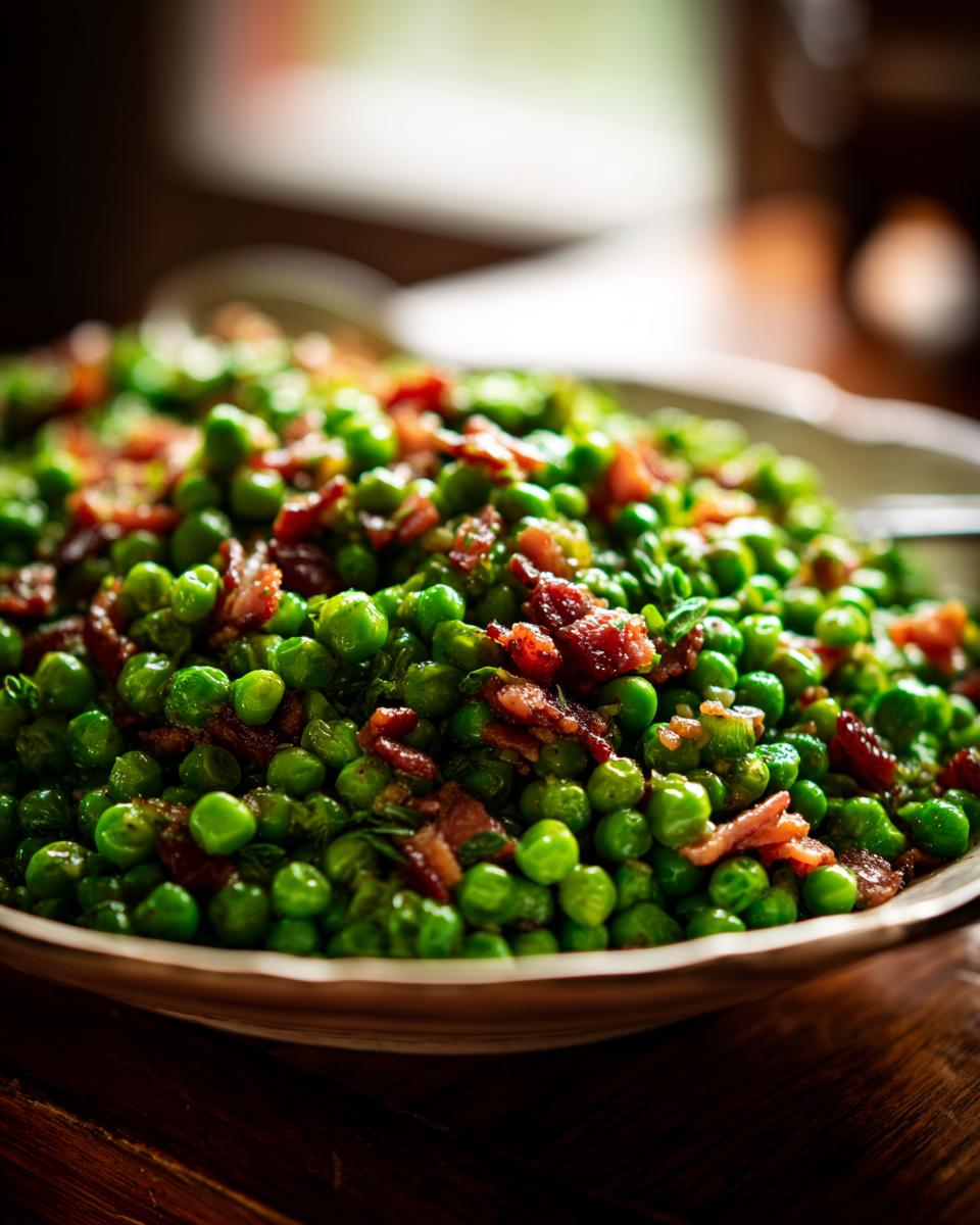 Peas with Pancetta: 10 Minute Recipe for Delicious! 10 Close-up of a bowl of delicious Peas with Pancetta, a quick and easy recipe.