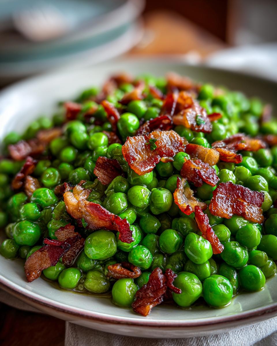 Peas with Pancetta: 10 Minute Recipe for Delicious! 8 Close-up of a plate of Peas with Pancetta, a delicious and easy recipe.