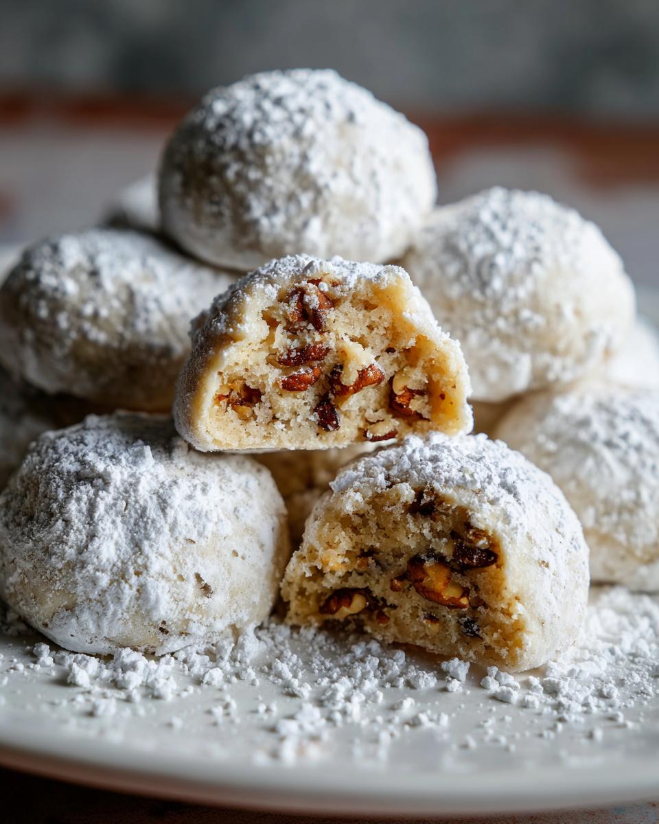 Close-up of Pecan Snowball Meltaway Cookies, showing the inside with pecans and powdered sugar.