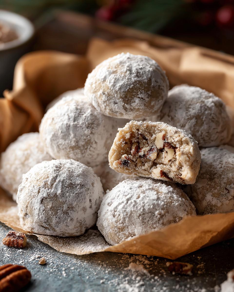 Close-up of a pile of Pecan Snowball Meltaway Cookies, dusted with powdered sugar, one cut open.