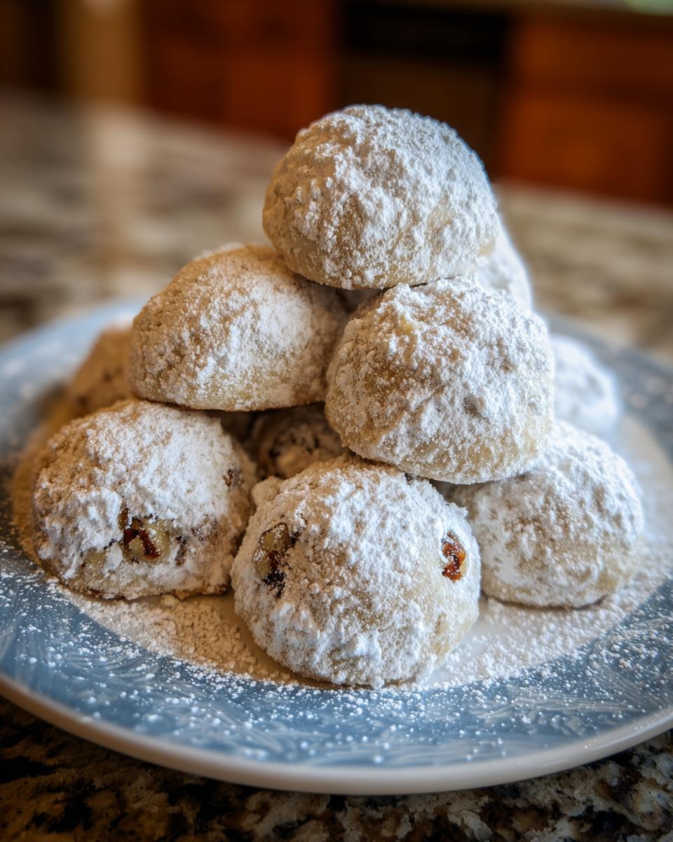 A stack of powdered sugar-covered Pecan Snowball Meltaway Cookies on a plate.