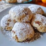 Close-up of a stack of Pecan Snowball Meltaway Cookies dusted with powdered sugar.