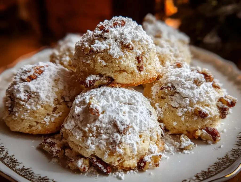 Close-up of a plate of Pecan Snowball Meltaway Cookies, dusted with powdered sugar and pecans.