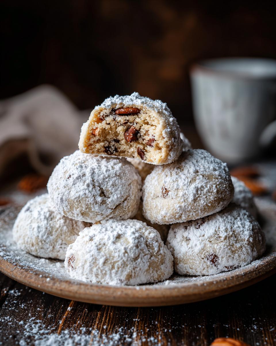 A stack of Pecan Snowball Meltaway Cookies dusted with powdered sugar, with one cookie cut open to show pecans.
