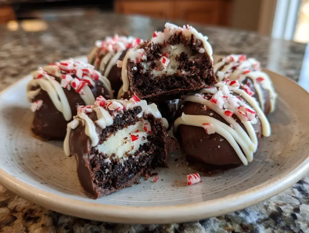 Close-up of Peppermint Bark Stuffed Oreo Balls, cut open to show filling, on a plate.