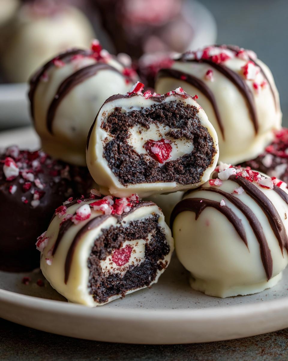 Close-up of Peppermint Bark Stuffed Oreo Balls, showing the filling and crushed peppermint.