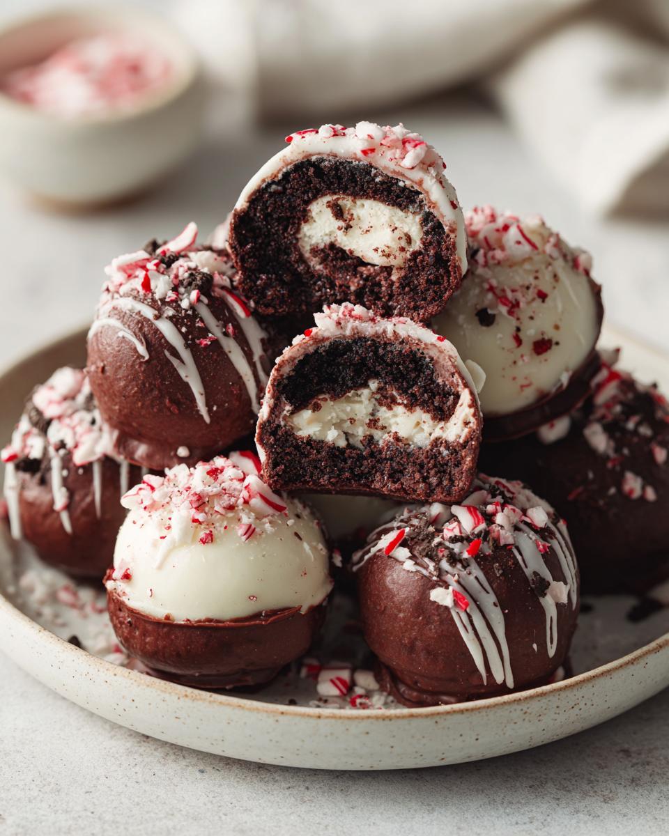 Close-up of Peppermint Bark Stuffed Oreo Balls, showing the filling and toppings.
