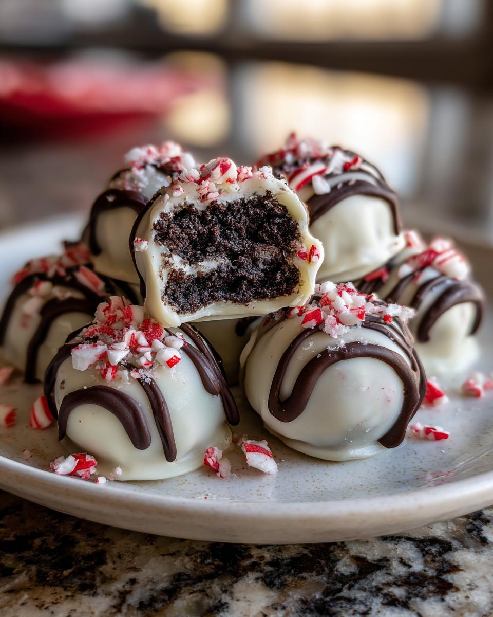Close-up of Peppermint Bark Stuffed Oreo Balls, showing the inside texture and peppermint candy topping.