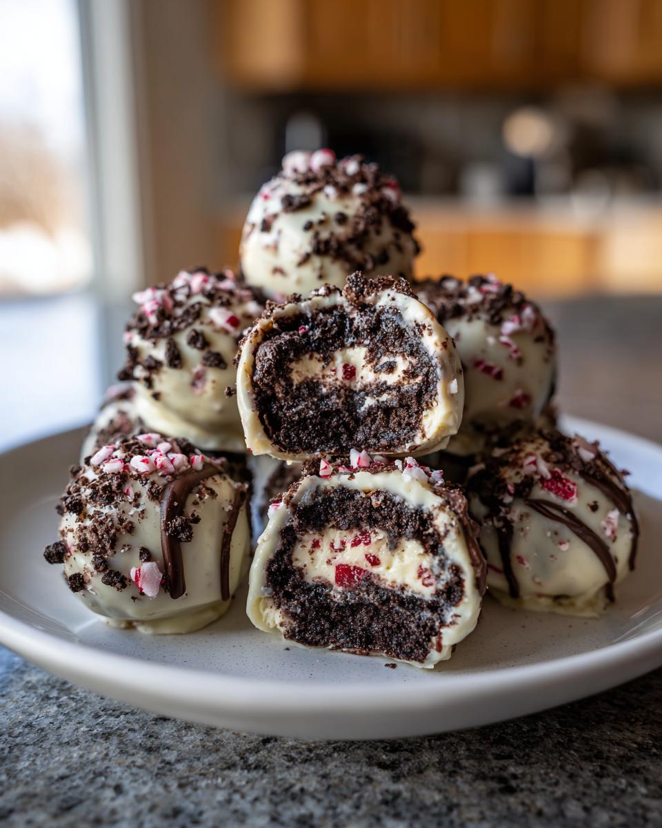 Stack of Peppermint Bark Stuffed Oreo Balls on a plate, with one cut open to show the filling.