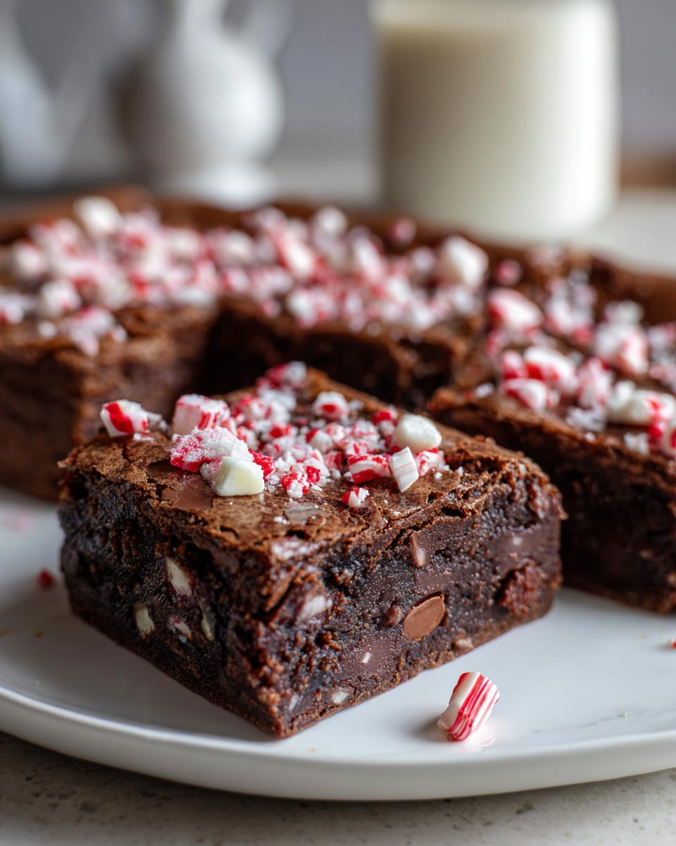 Close-up of a Peppermint Hot Cocoa Brownie, topped with crushed peppermint candies.
