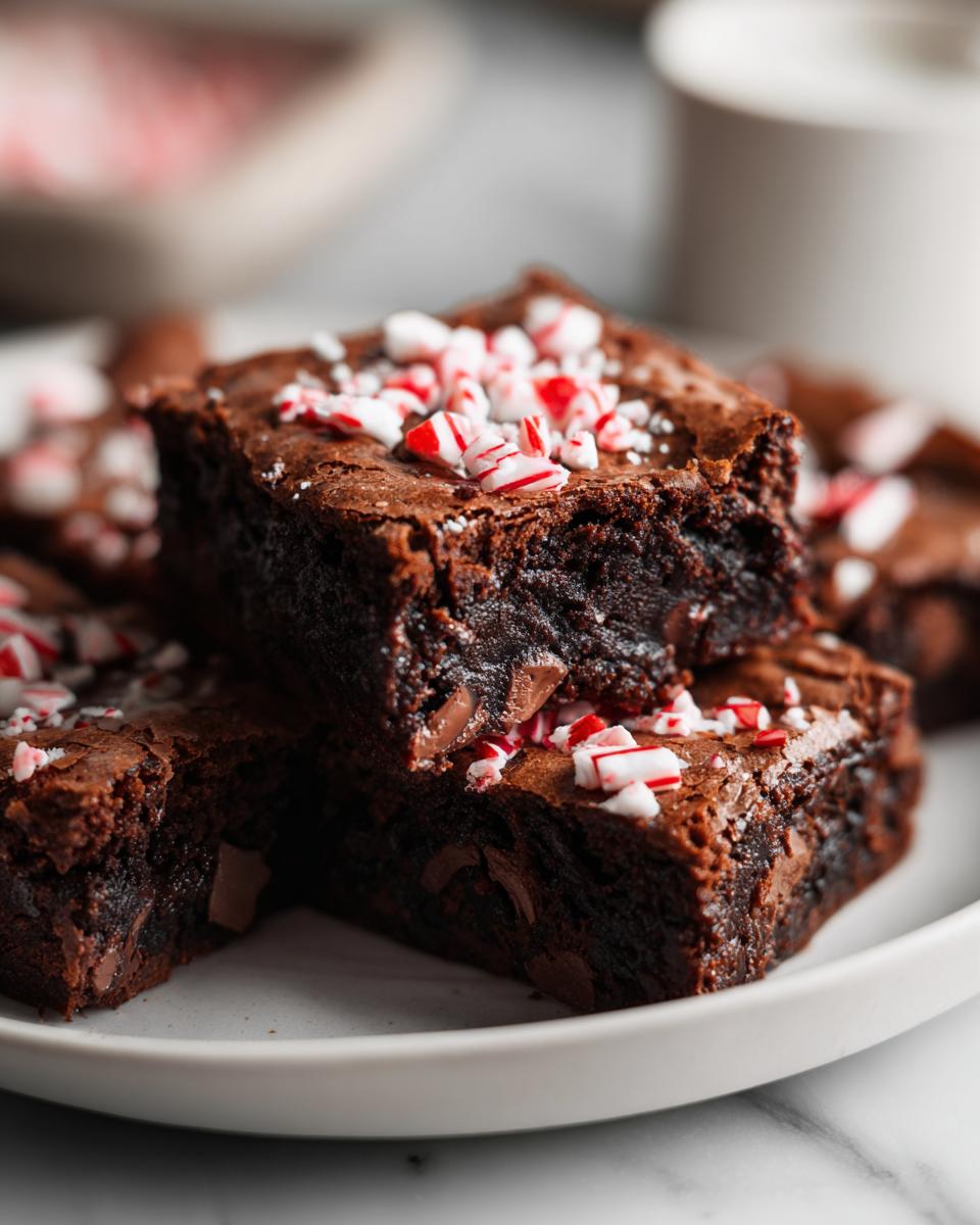 Close-up of delicious Peppermint Hot Cocoa Brownies topped with crushed peppermint candies.