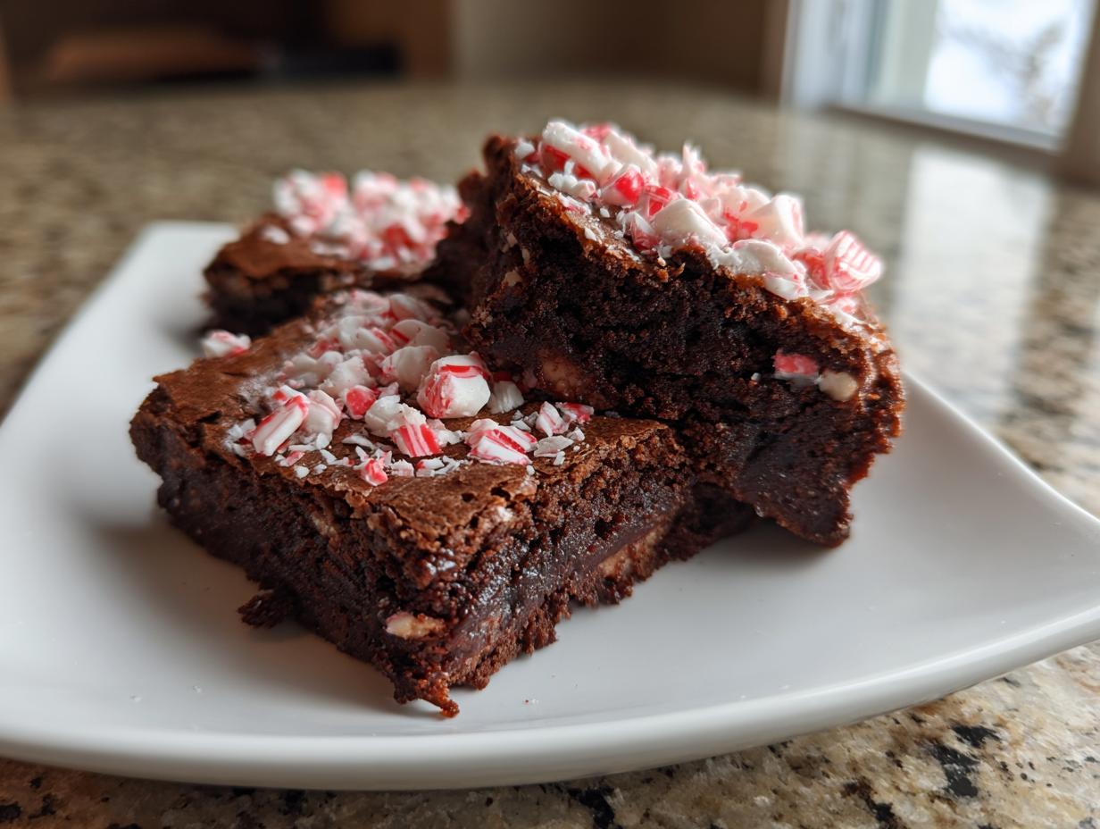 Close-up of three Peppermint Hot Cocoa Brownies on a white plate, topped with crushed peppermint candies.