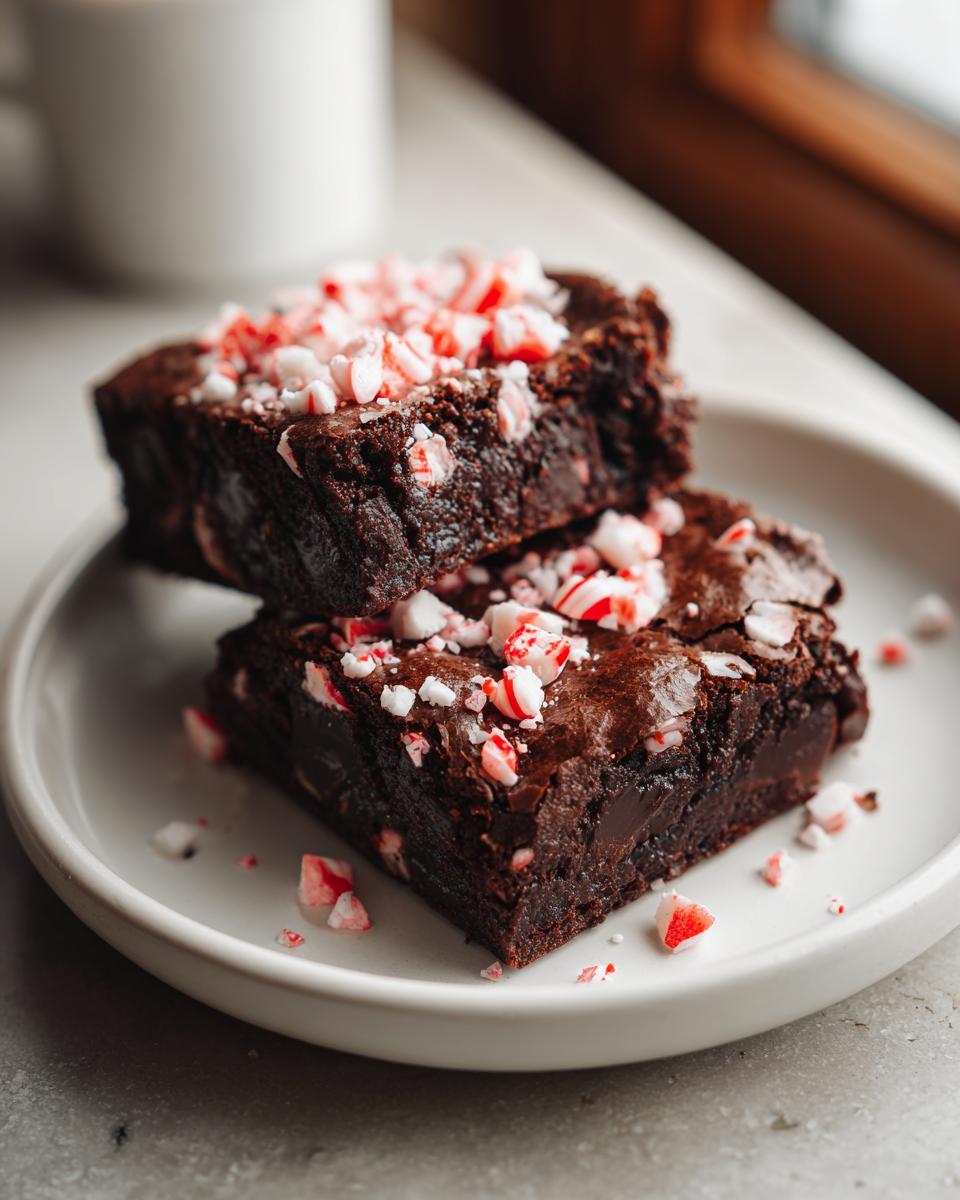 Two delicious Peppermint Hot Cocoa Brownies topped with crushed peppermint candies on a white plate.