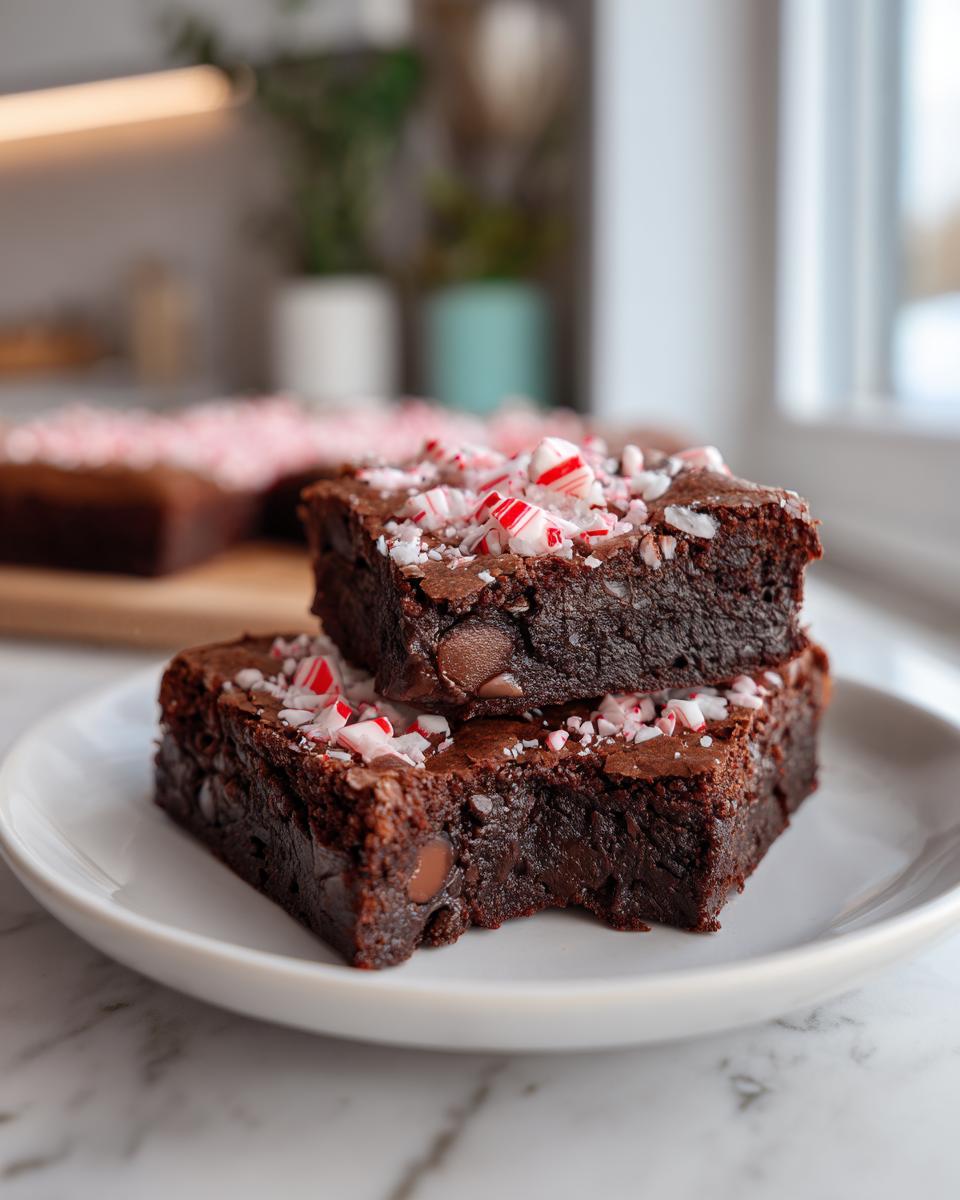Two delicious Peppermint Hot Cocoa Brownies topped with crushed peppermint candies on a white plate.
