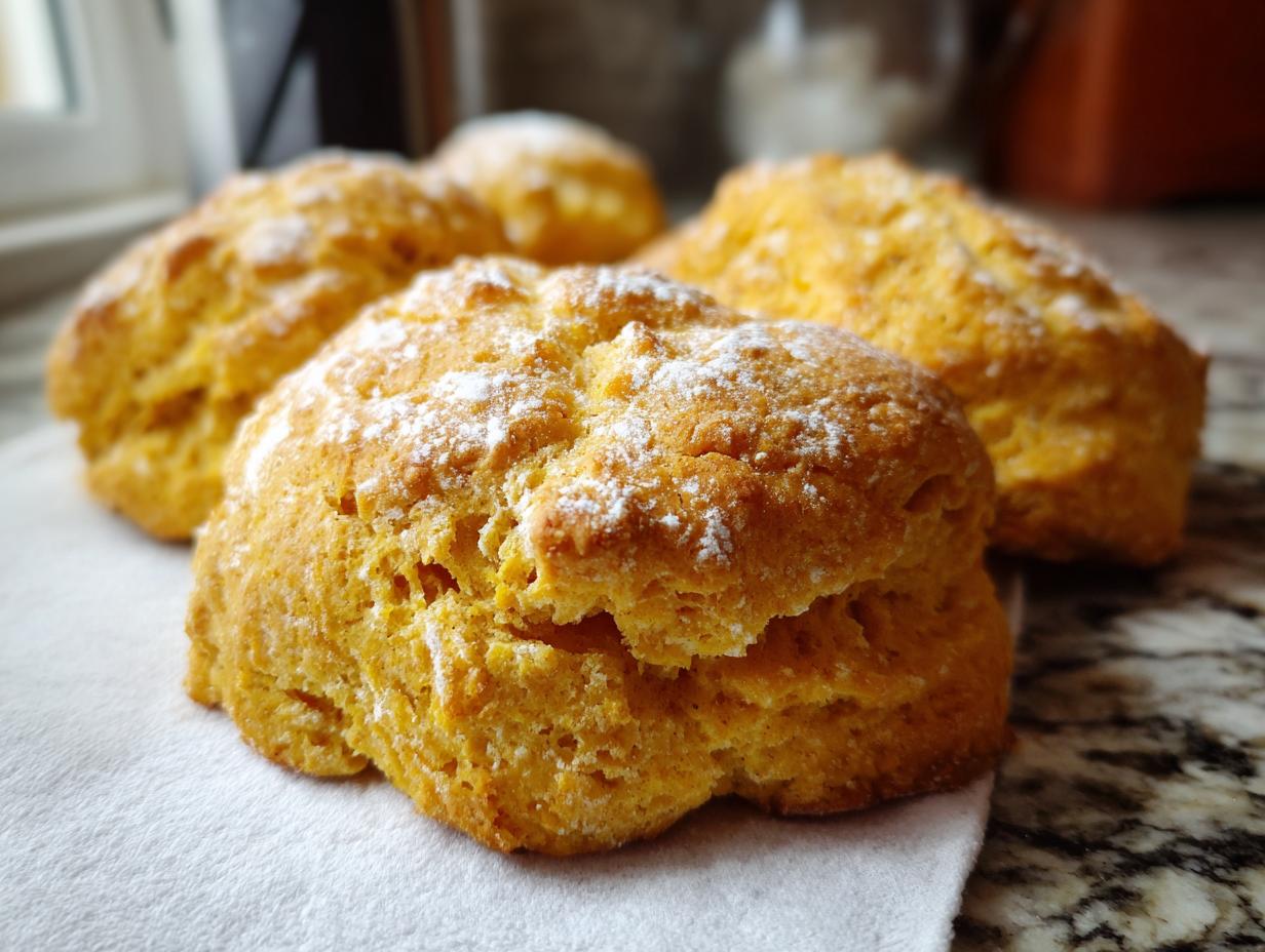 Close-up of golden, fluffy Pumpkin Biscuits dusted with powdered sugar, perfect for fall.