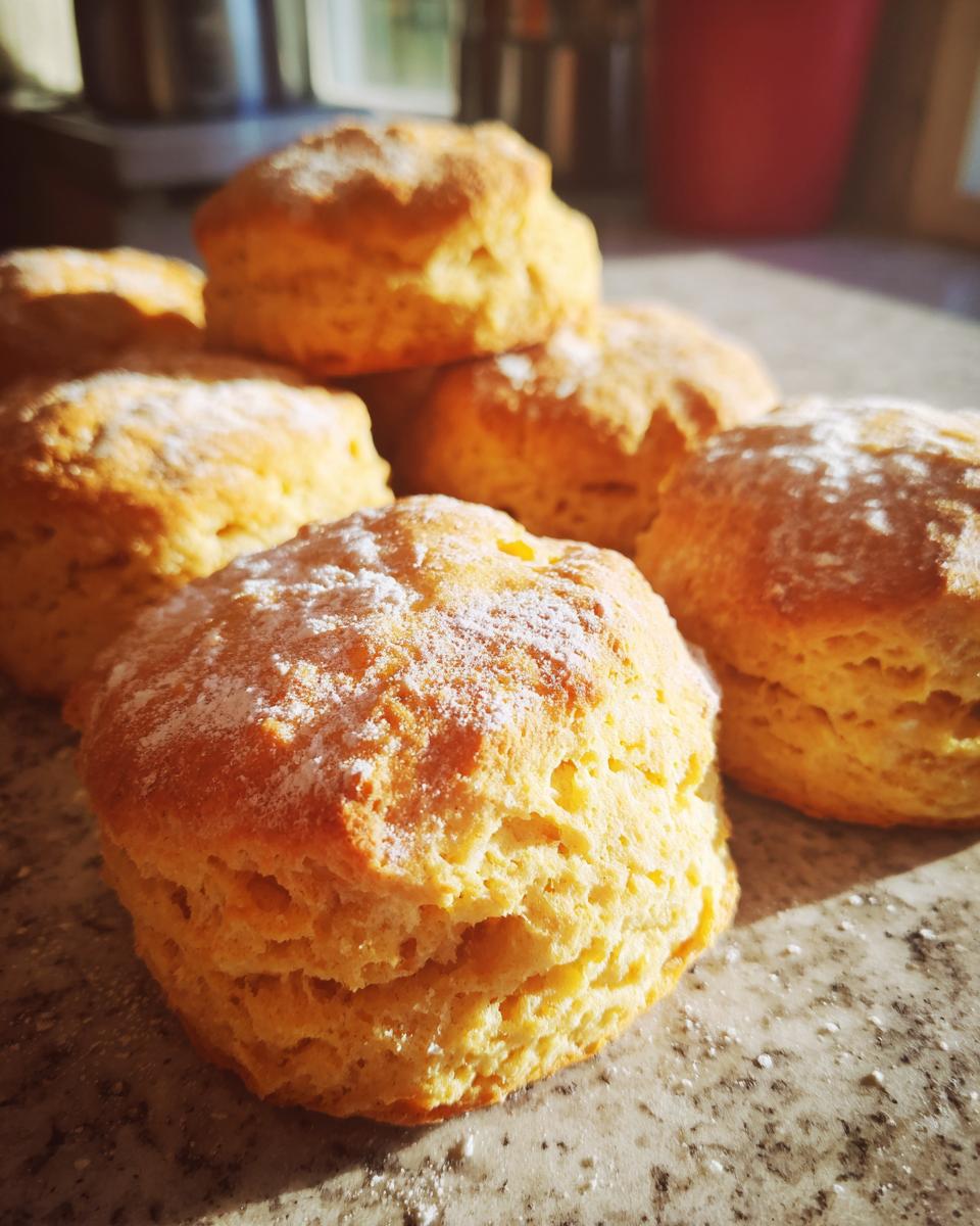 Pile of freshly baked Pumpkin Biscuits dusted with powdered sugar, ready to eat.