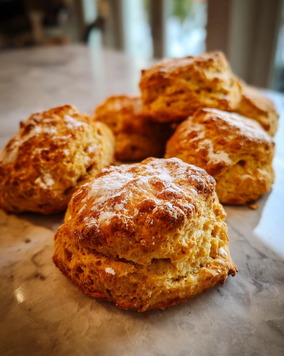 Pile of freshly baked pumpkin biscuits, dusted with powdered sugar, on a marble surface.