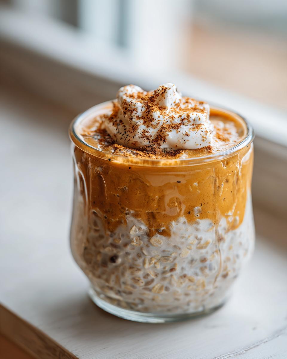 Close-up of Pumpkin Spice Latte Overnight Oats in a glass, topped with whipped cream and spices.