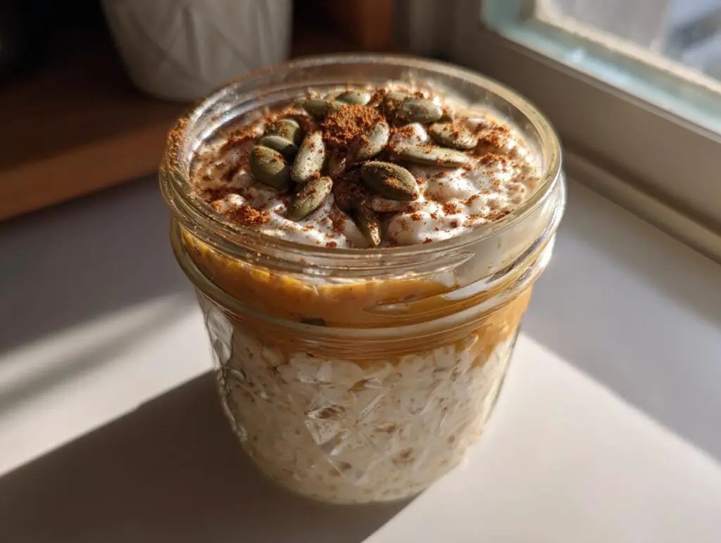 Close-up of Pumpkin Spice Latte Overnight Oats in a jar, topped with seeds and cinnamon.