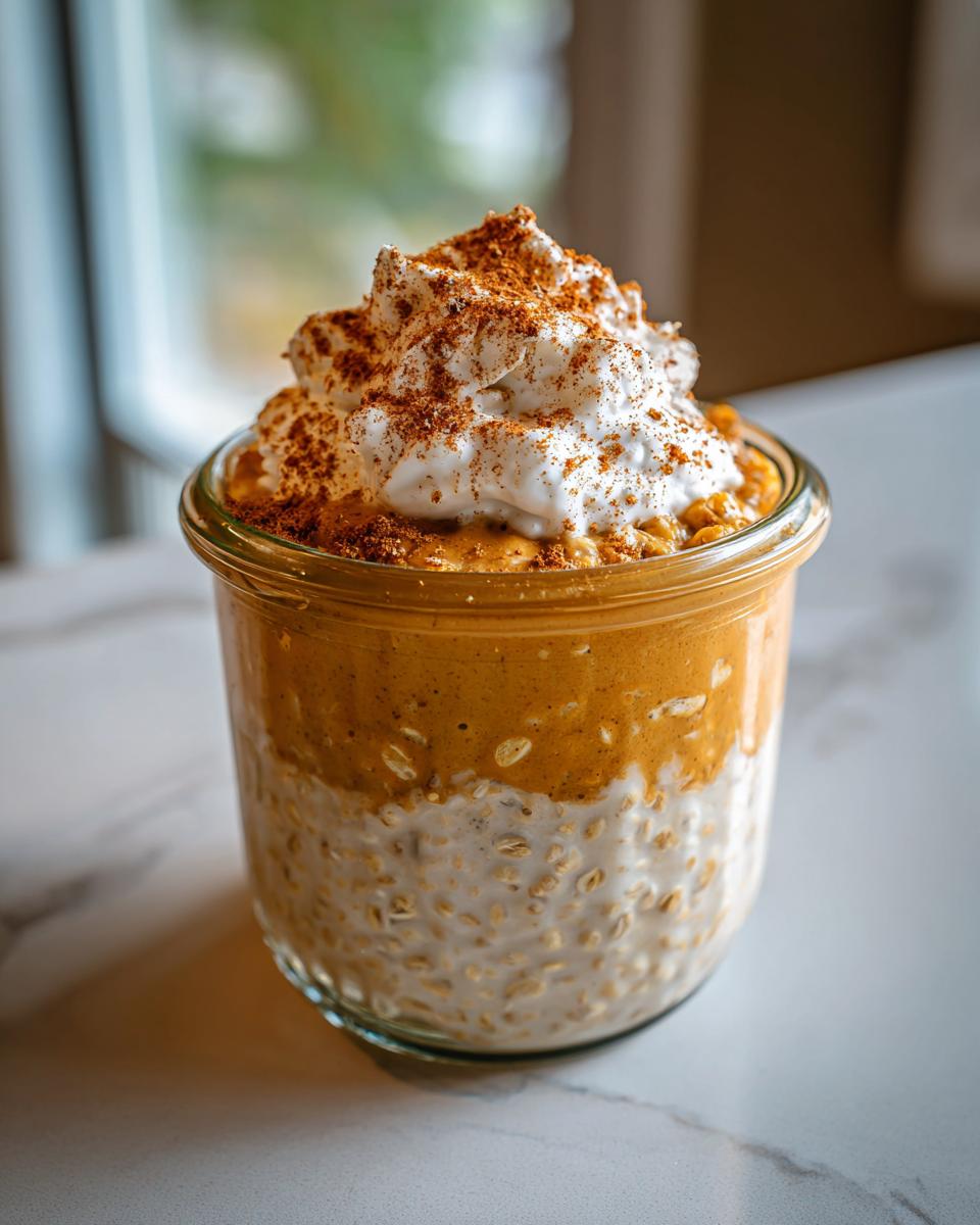 Close-up of Pumpkin Spice Latte Overnight Oats in a glass jar, topped with whipped cream.