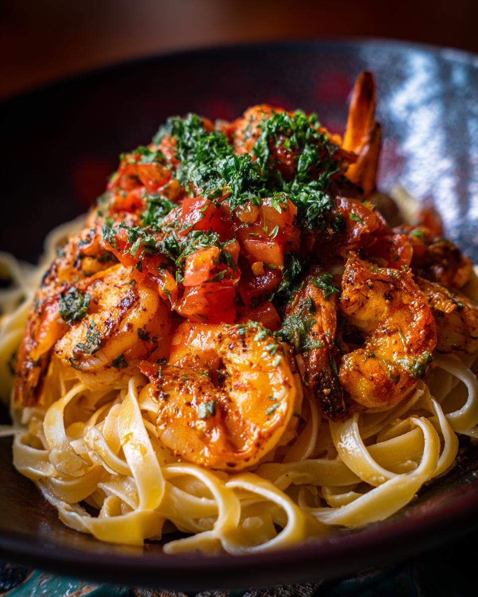 Close-up of Quick Cajun Shrimp Pasta with shrimp, tomatoes, and herbs.