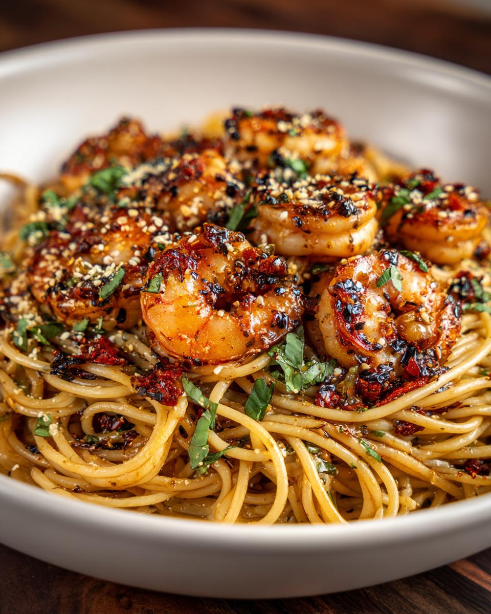 Close-up of Quick Cajun Shrimp Pasta with perfectly cooked shrimp and spaghetti.