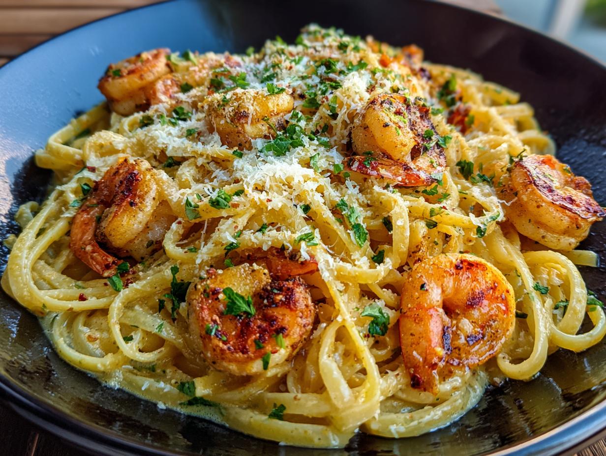 Delicious Quick Cajun Shrimp Pasta with perfectly cooked shrimp, pasta, and herbs in a bowl.