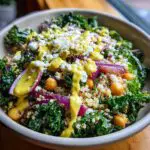 Close-up of a Quinoa Kale Power Bowl with quinoa, kale, chickpeas, red onion, feta, and lemon vinaigrette.