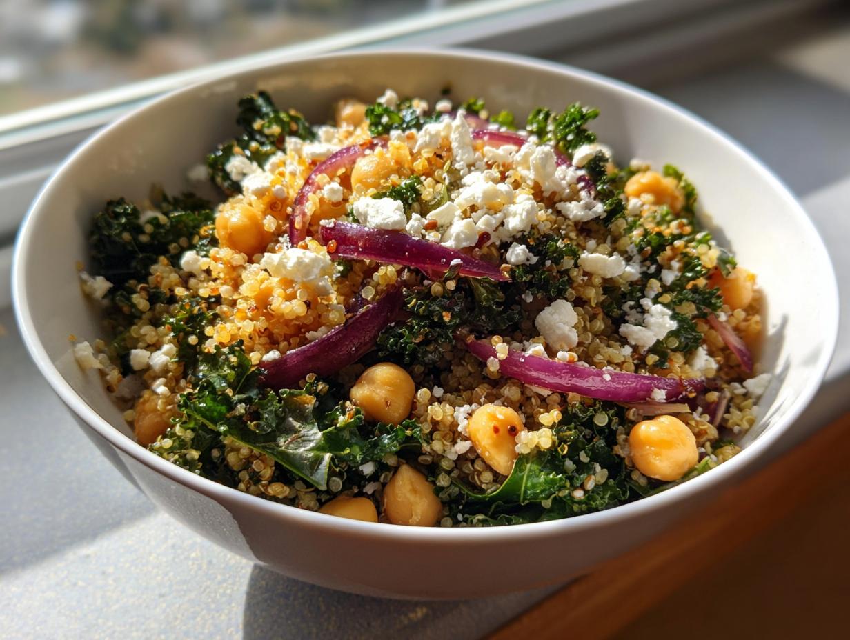 A vibrant Quinoa Kale Power Bowl with quinoa, kale, chickpeas, red onion, and feta cheese.