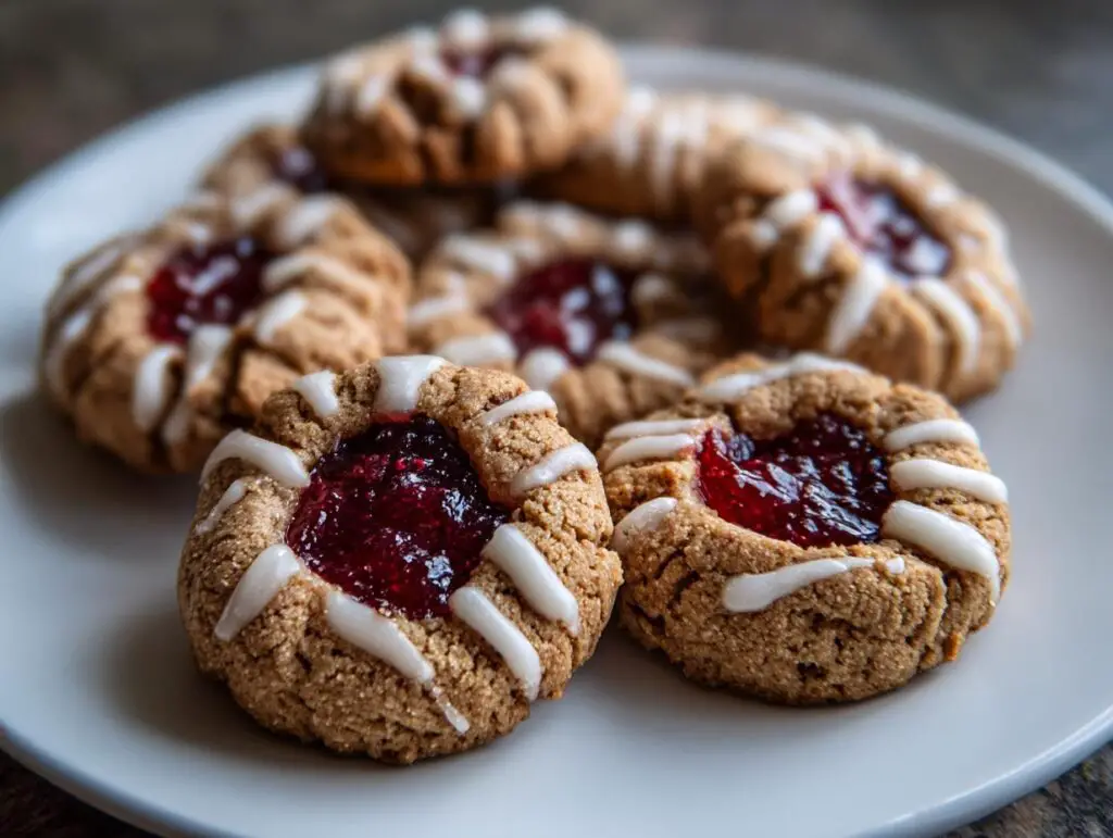Close-up of delicious Raspberry Thumbprint Cookies with Icing drizzled on top.