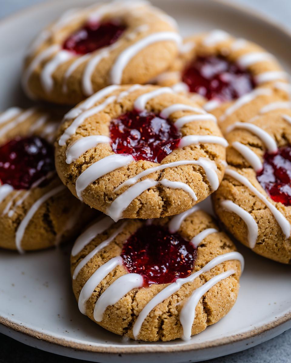 Close-up of delicious Raspberry Thumbprint Cookies with Icing drizzled on top.