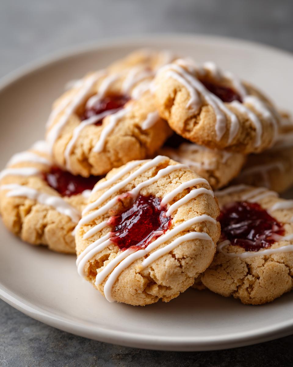 A pile of delicious Raspberry Thumbprint Cookies with Icing drizzled on top, featuring a sweet raspberry jam center.