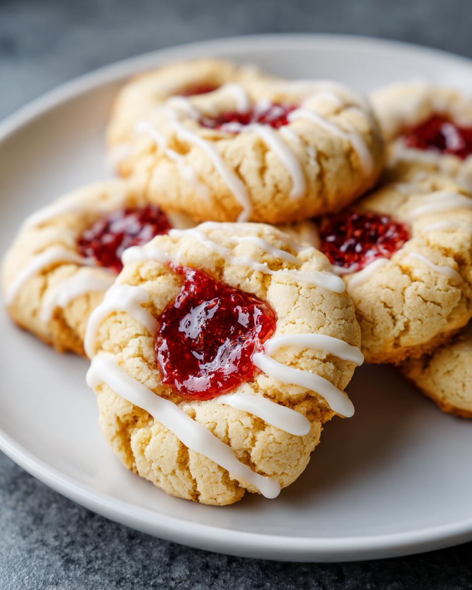 Close-up of Raspberry Thumbprint Cookies with Icing drizzled on top, featuring a dollop of bright red raspberry filling.