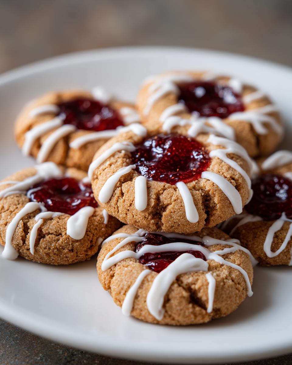 Close-up of delicious Raspberry Thumbprint Cookies with Icing on a white plate.