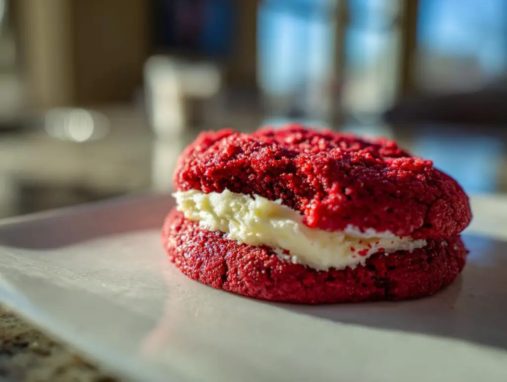 A close-up of a decadent Red Velvet cookie sandwich filled with creamy white frosting.
