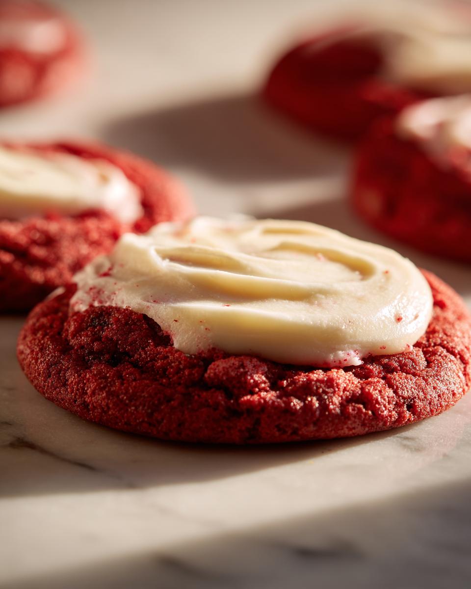 Close-up of a perfectly baked Red Velvet Cookie topped with creamy white frosting.