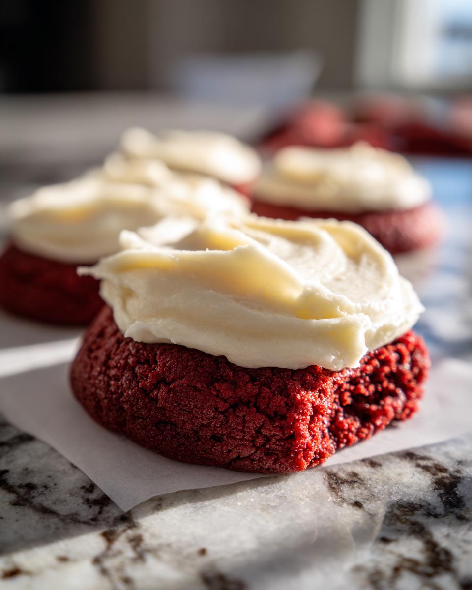 Close-up of a rich red velvet cookie topped with creamy white frosting.