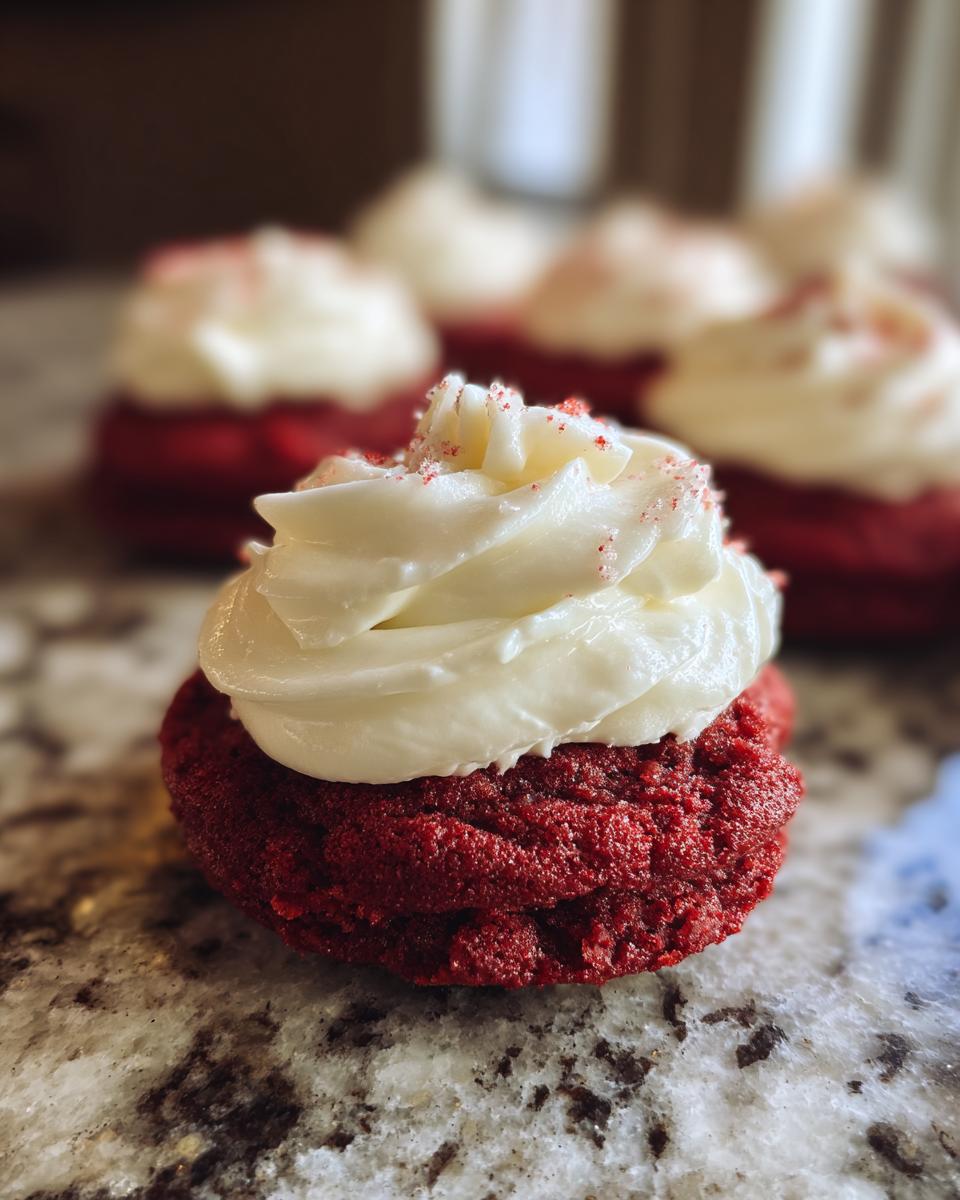 Close-up of a vibrant Red Velvet Cookie topped with swirls of creamy white frosting and a sprinkle of red crumbs.