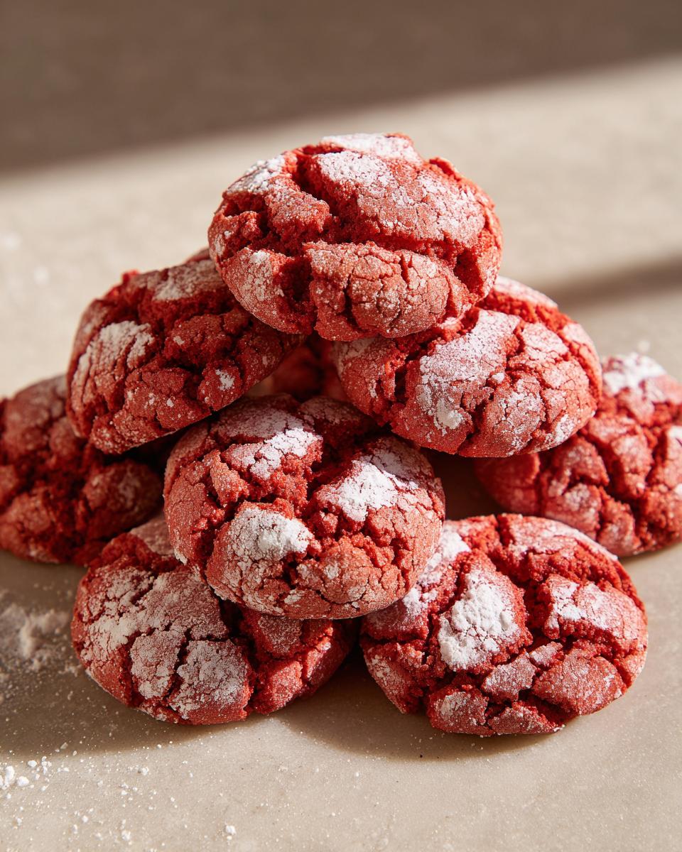 A close-up shot of a pile of delicious Red Velvet Crinkle Cookies dusted with powdered sugar.