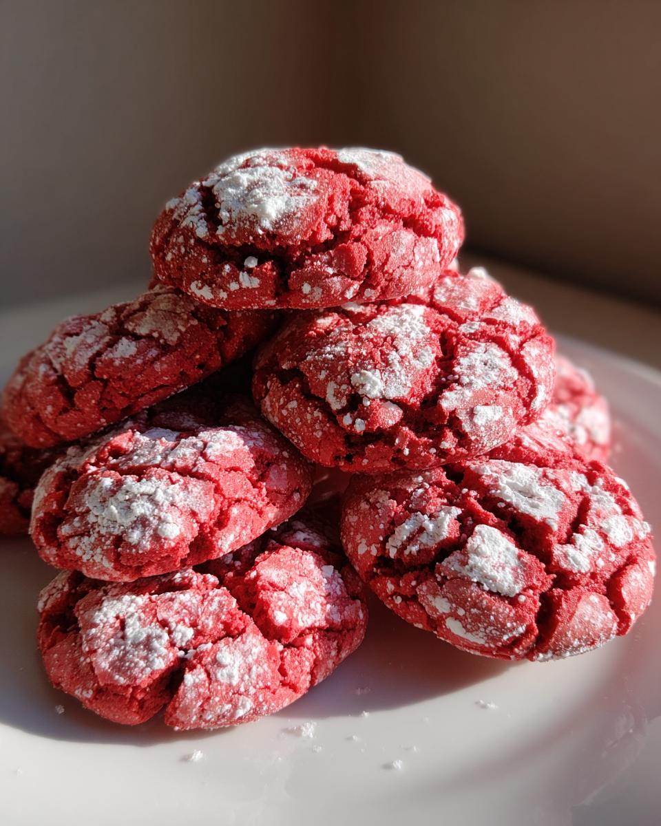 A close-up of a stack of vibrant Red Velvet Crinkle Cookies dusted with powdered sugar.