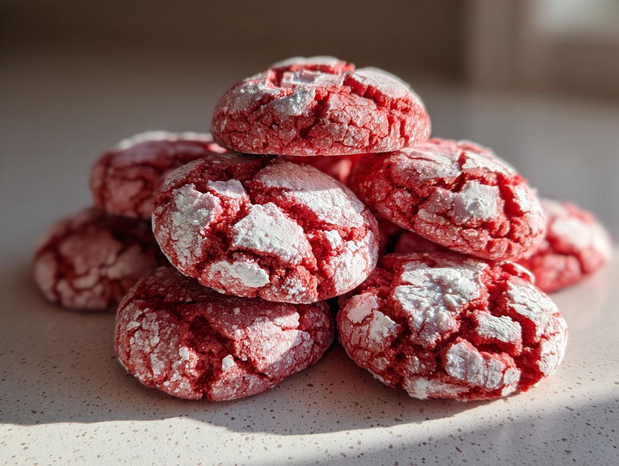 A close-up stack of vibrant Red Velvet Crinkle Cookies, dusted with powdered sugar.